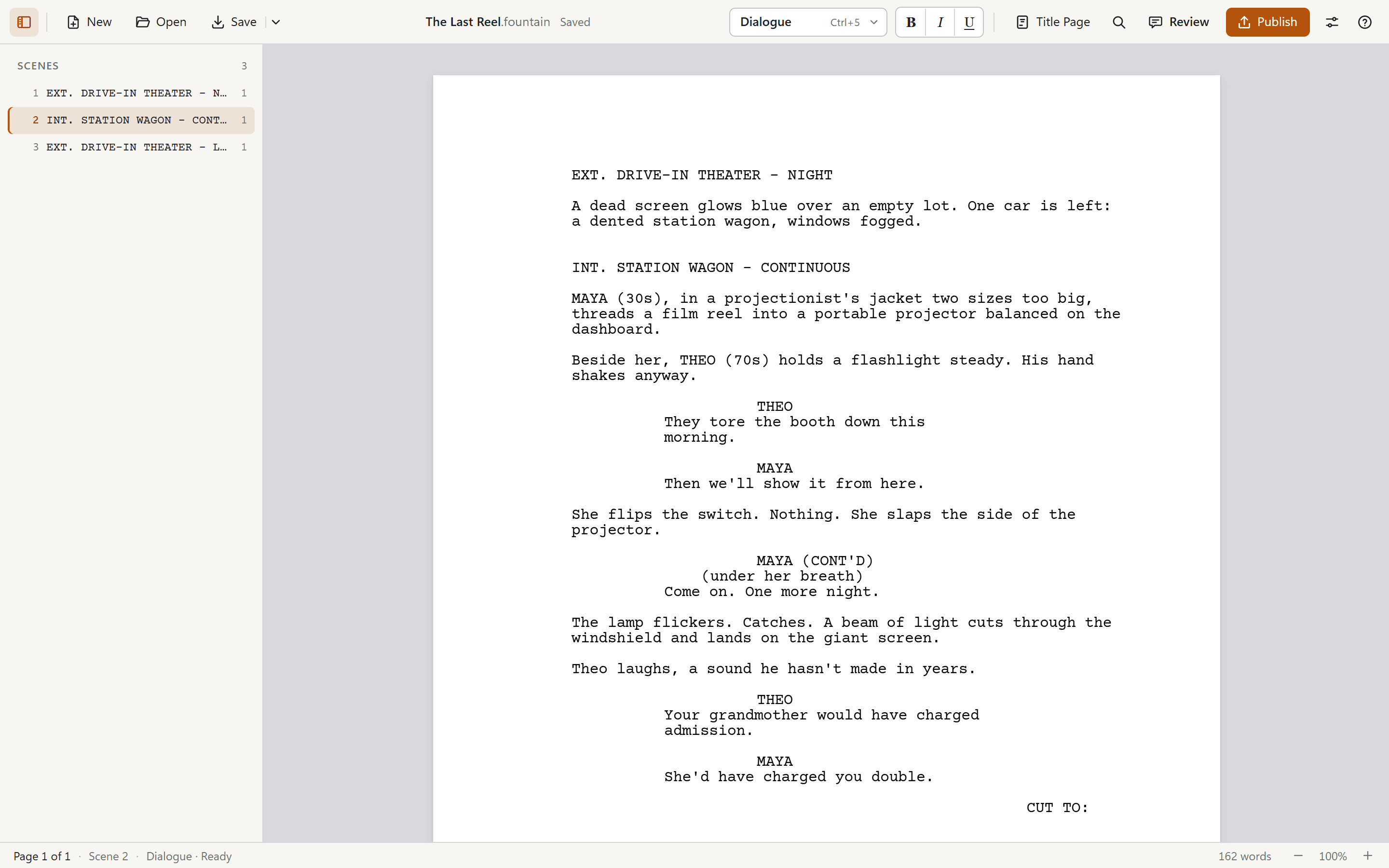 HeatWriter's screenwriting software: a screenplay page in industry-standard format, with the scenes list and the Review and Publish buttons